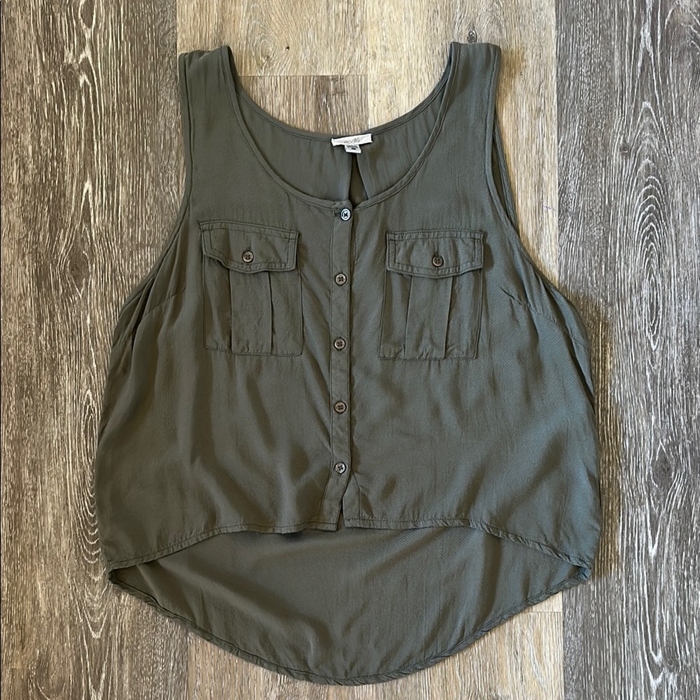 Olive Green Sleeveless Button-Up Top
